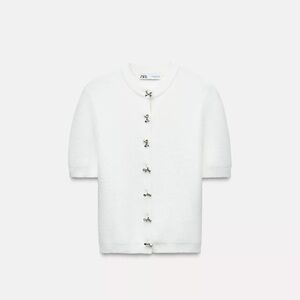 Zara White Bow-Shaped Button Knit Short Sleeve Cardigan